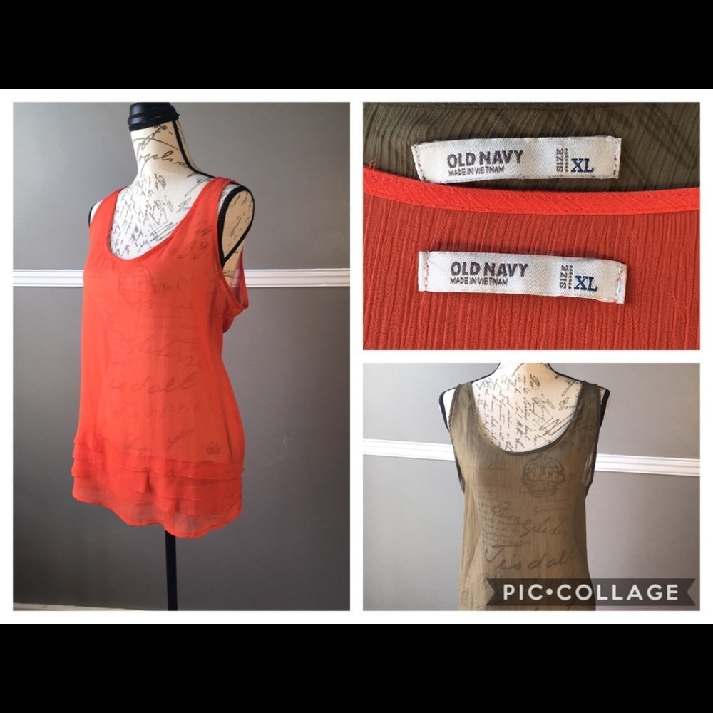 Set of 2 Sheer Old Navy Layering Tank Top XL Loose Orange & Olive Green Bundle